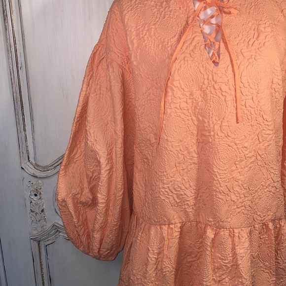SHEIN X Orange Sherbet Embossed Very Full Puff Sleeve Lace Up Neckline S/S - Picture 2 of 11